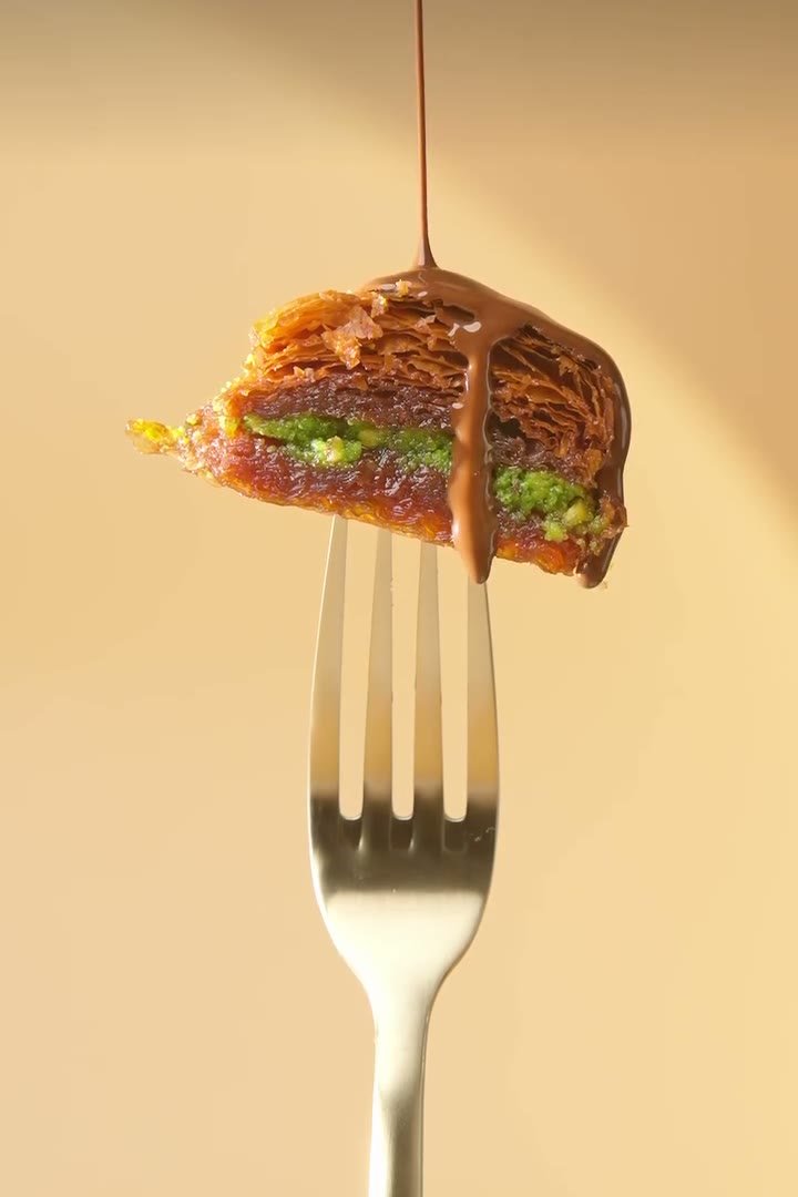 Taste The Best — chocolate poured over pistachio baklava on a fork